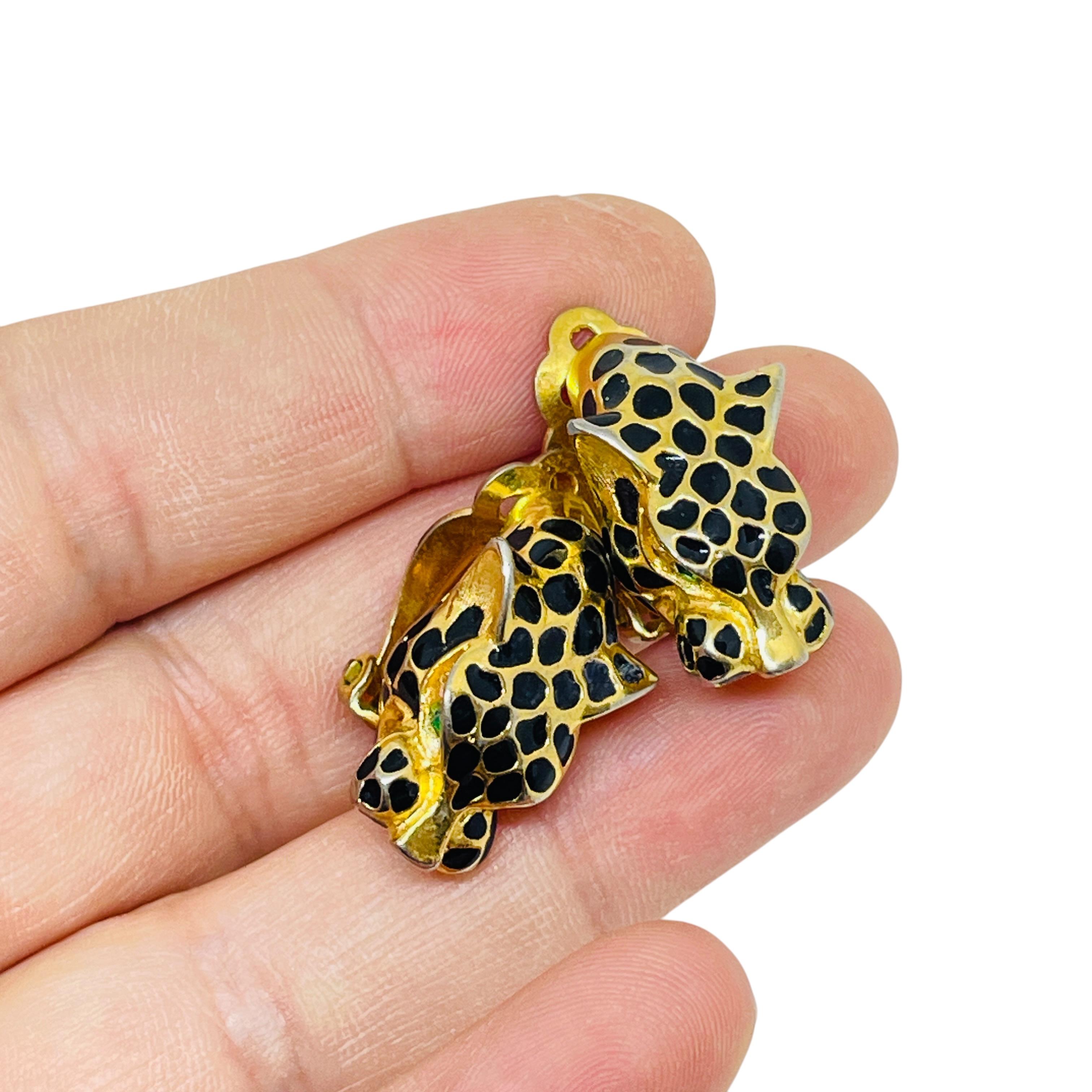 Vintage Gold Ton Emaille Smaragd Augen Panther Clip auf Ohrringe Damen im Angebot