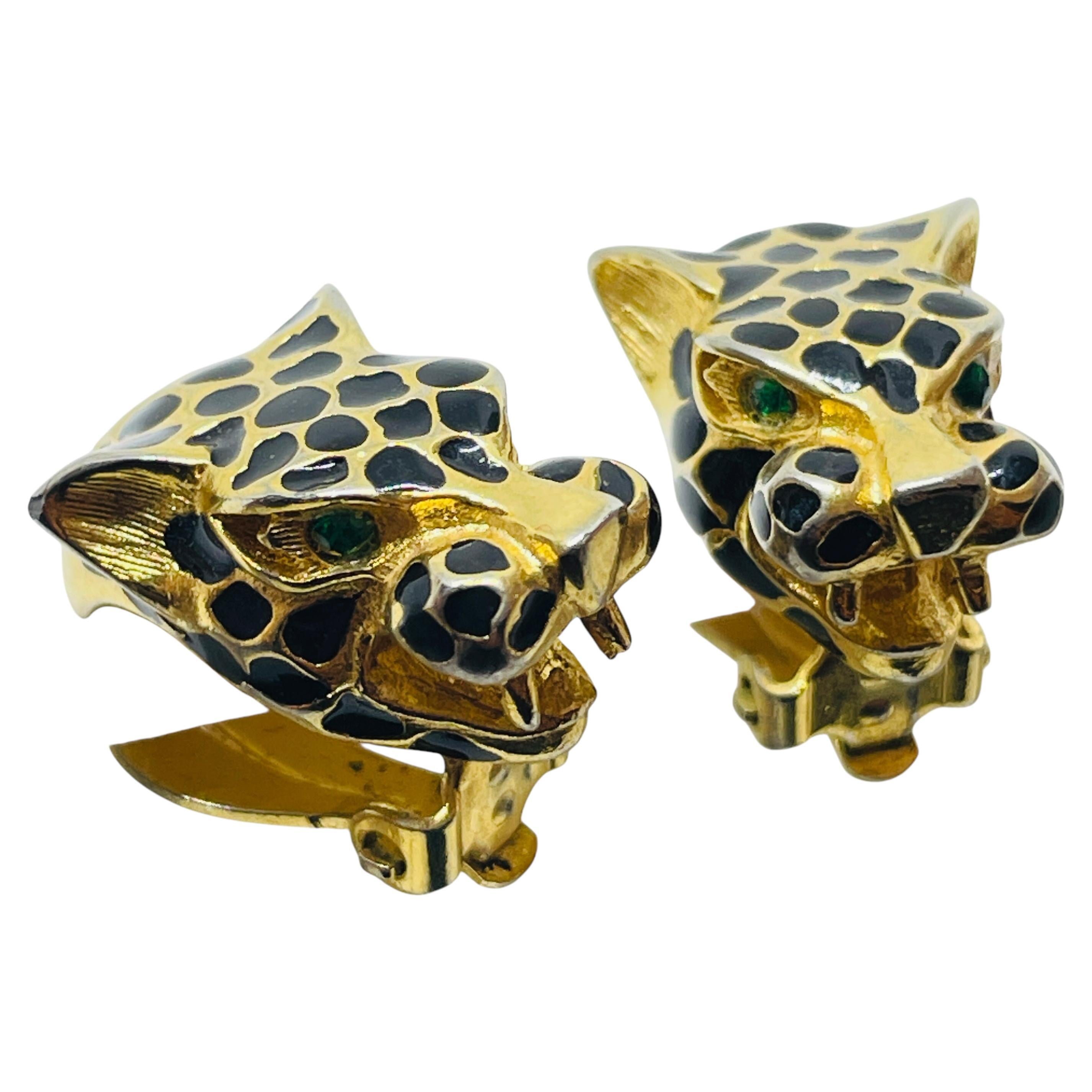 Orecchini a clip in oro smaltato vintage con occhi di smeraldo
