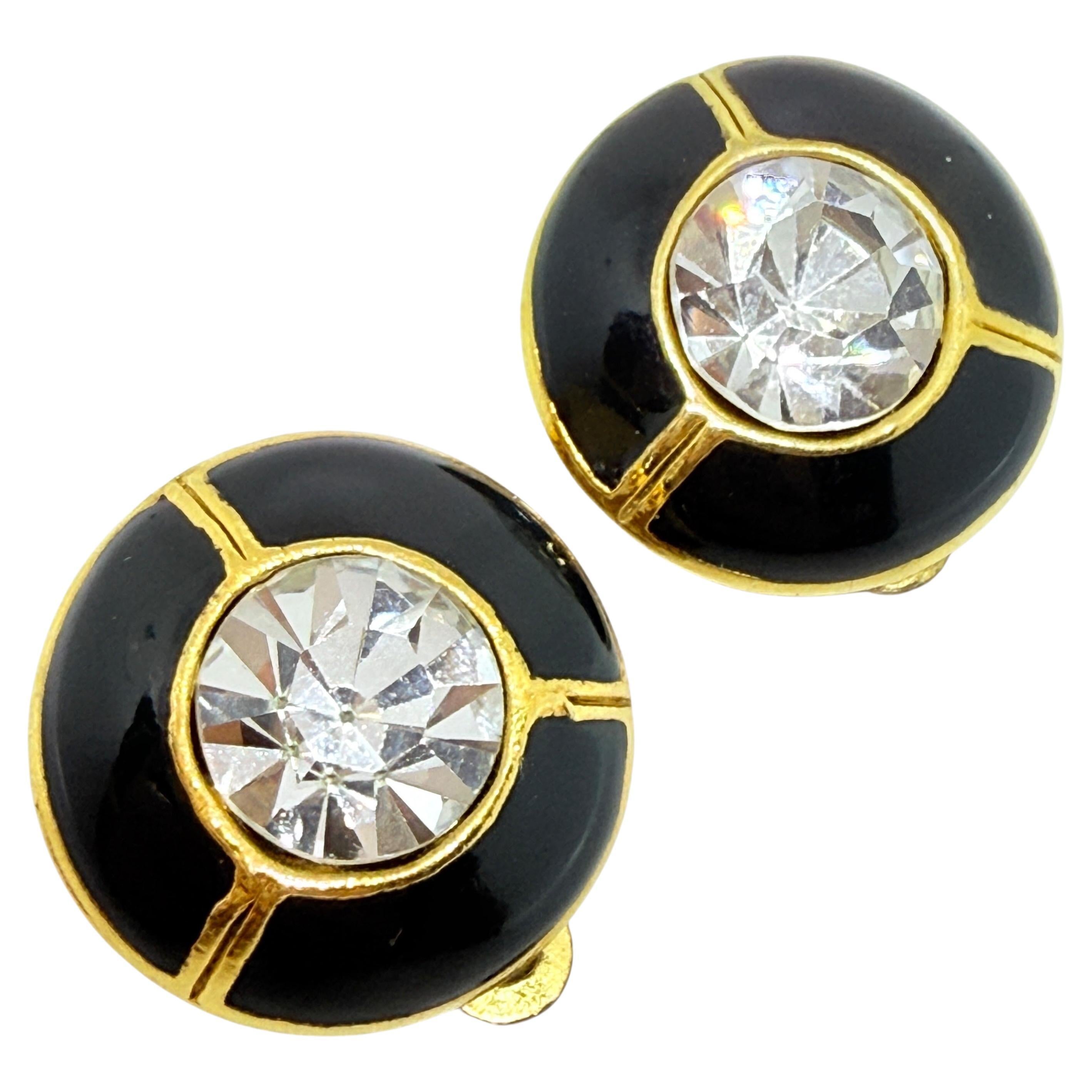 Vintage gold tone enamel glass stone designer clip on earrings