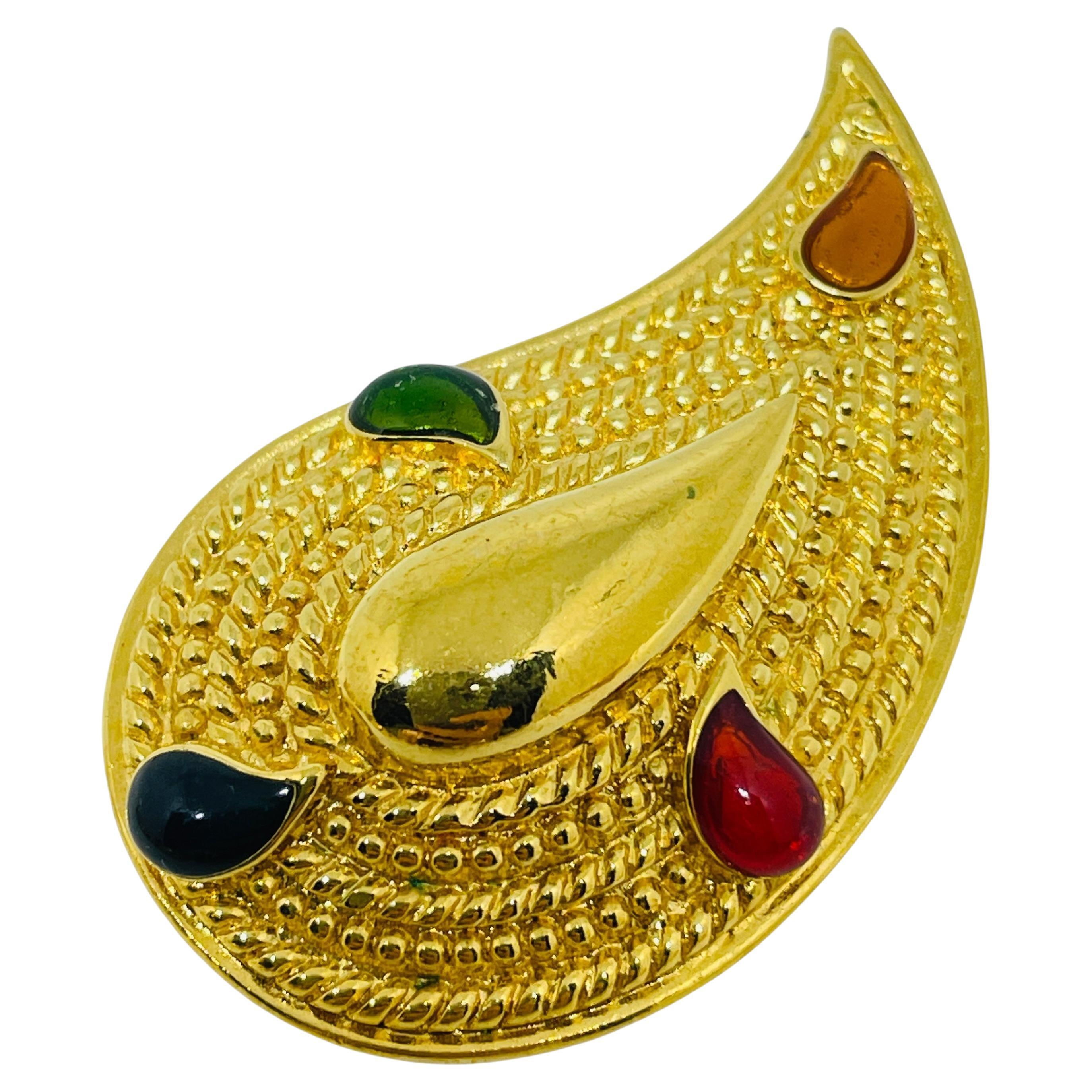 Vintage gold tone enamel leaf designer brooch