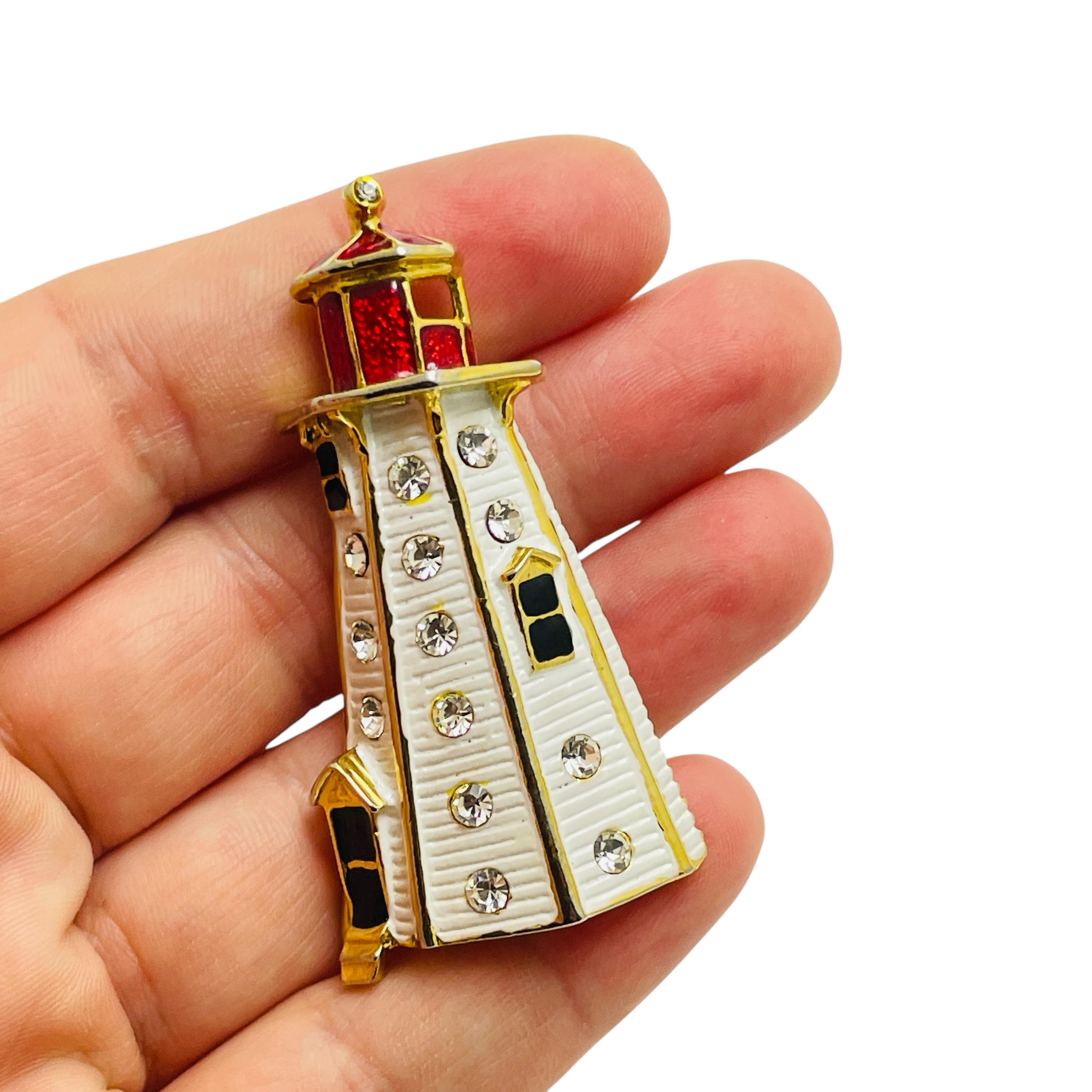 Women's Vintage gold tone enamel lighthouse designer brooch For Sale