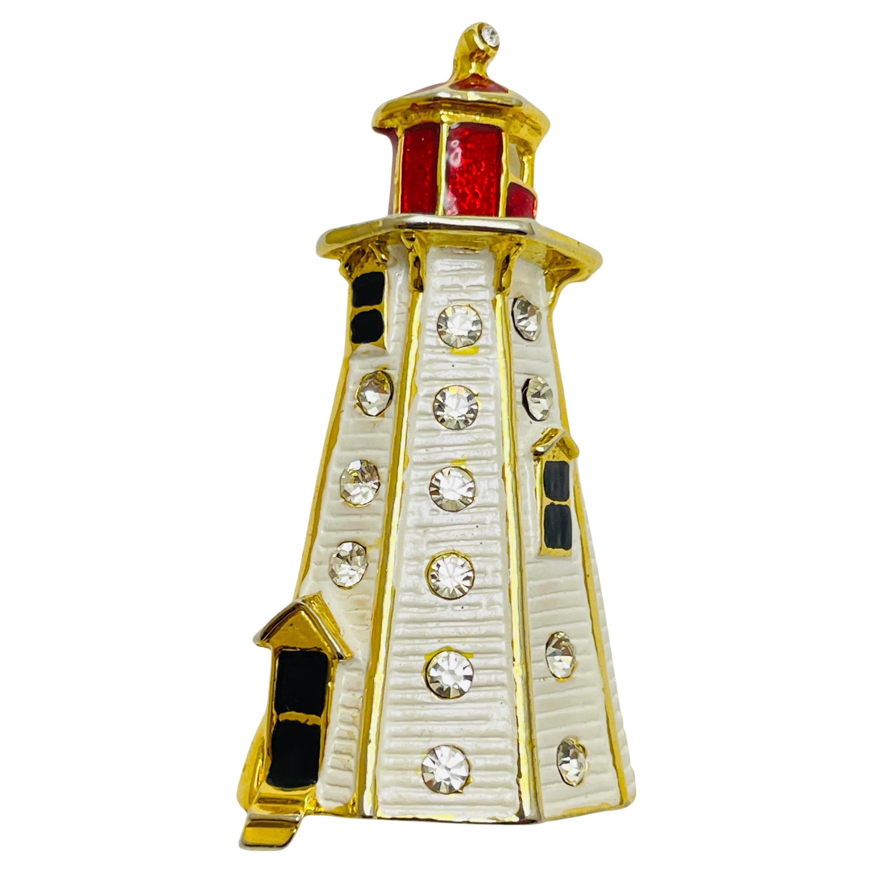 Vintage gold tone enamel lighthouse designer brooch For Sale