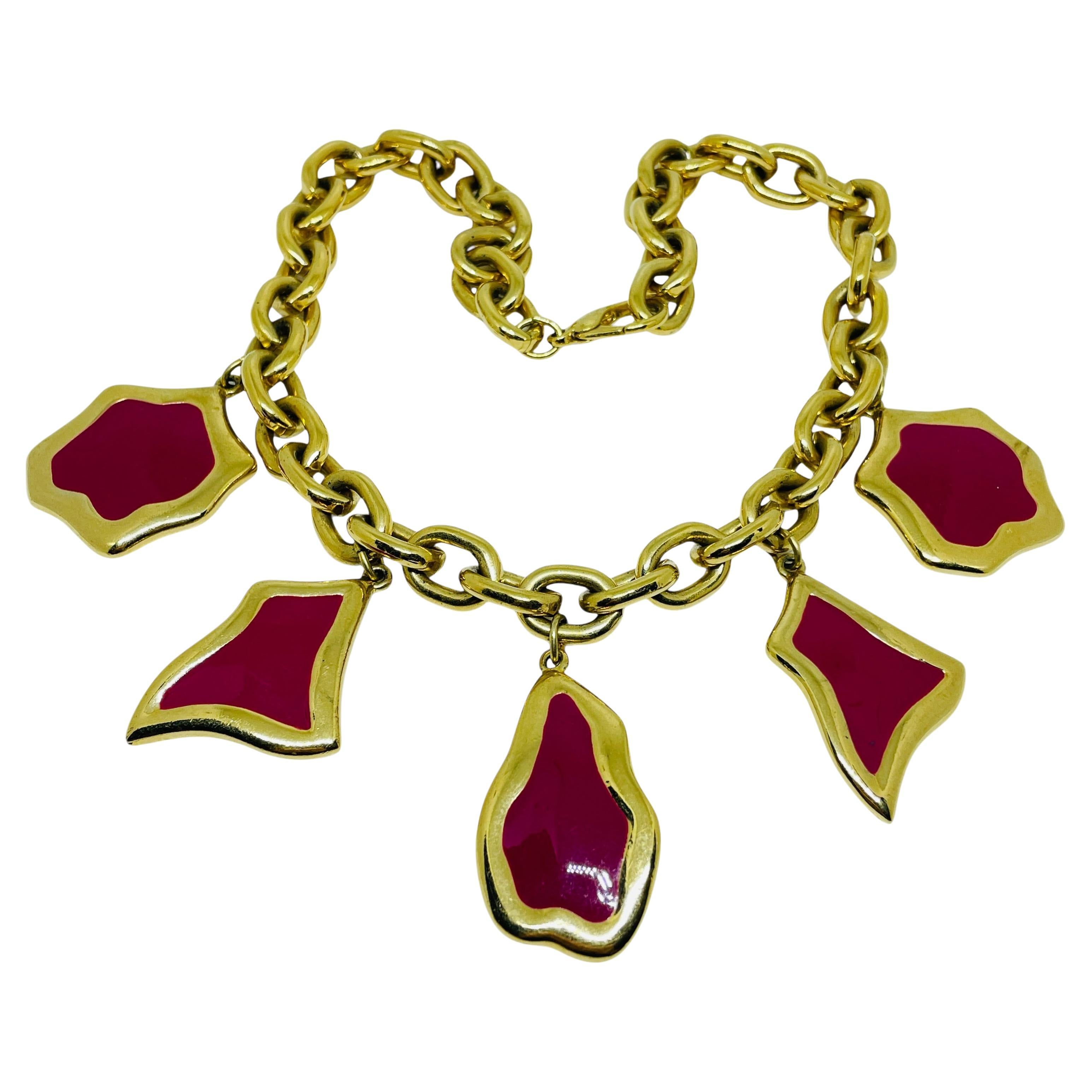 Vintage gold tone enamel massive chain designer necklace