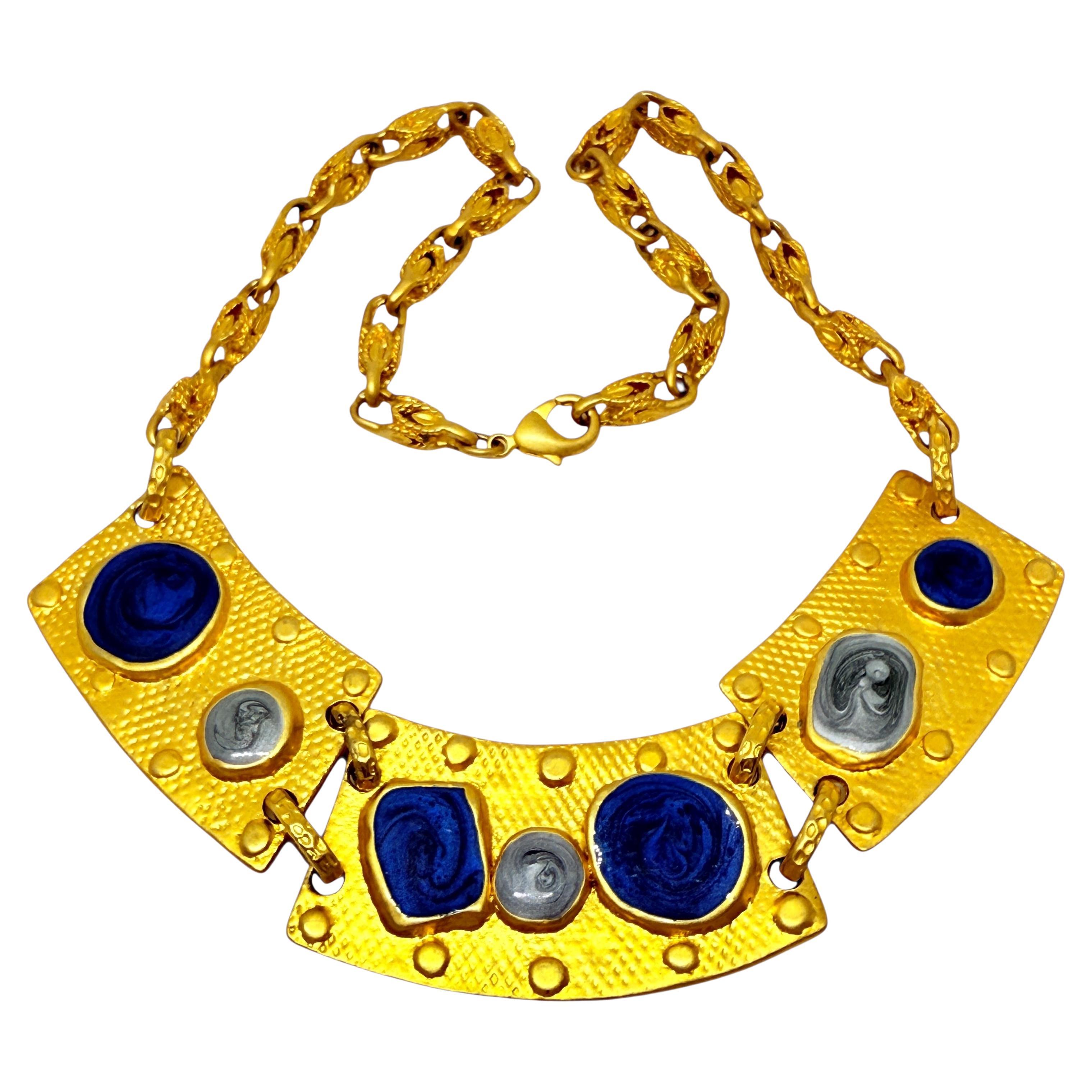 Vintage gold tone enamel massive Etruscan designer chain necklace For Sale