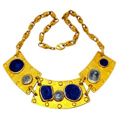 Vintage gold tone enamel massive Etruscan designer chain necklace