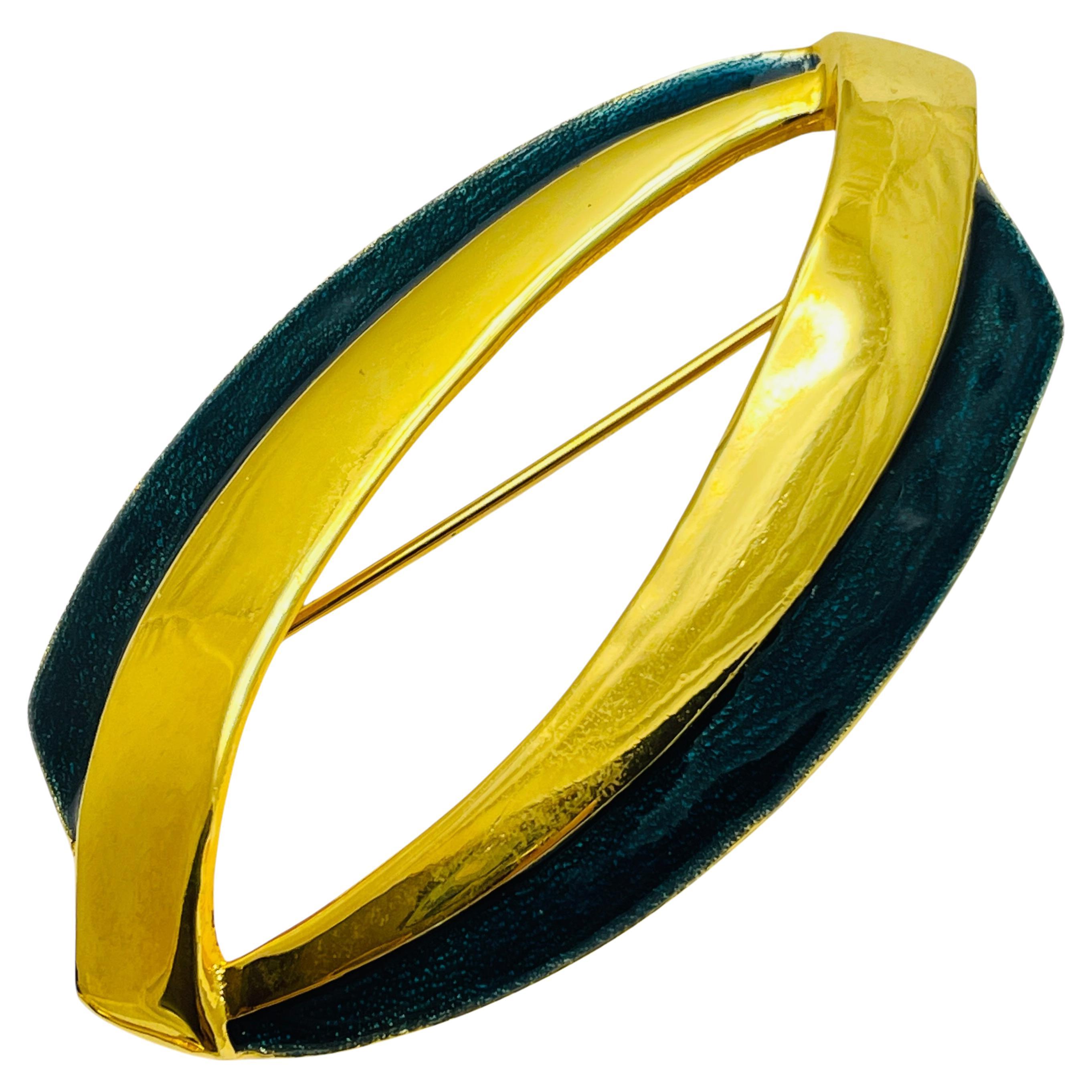 Vintage gold tone enamel modernist designer brooch For Sale