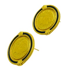 Vintage gold tone enamel Napoleon Emperor coin designer earrings
