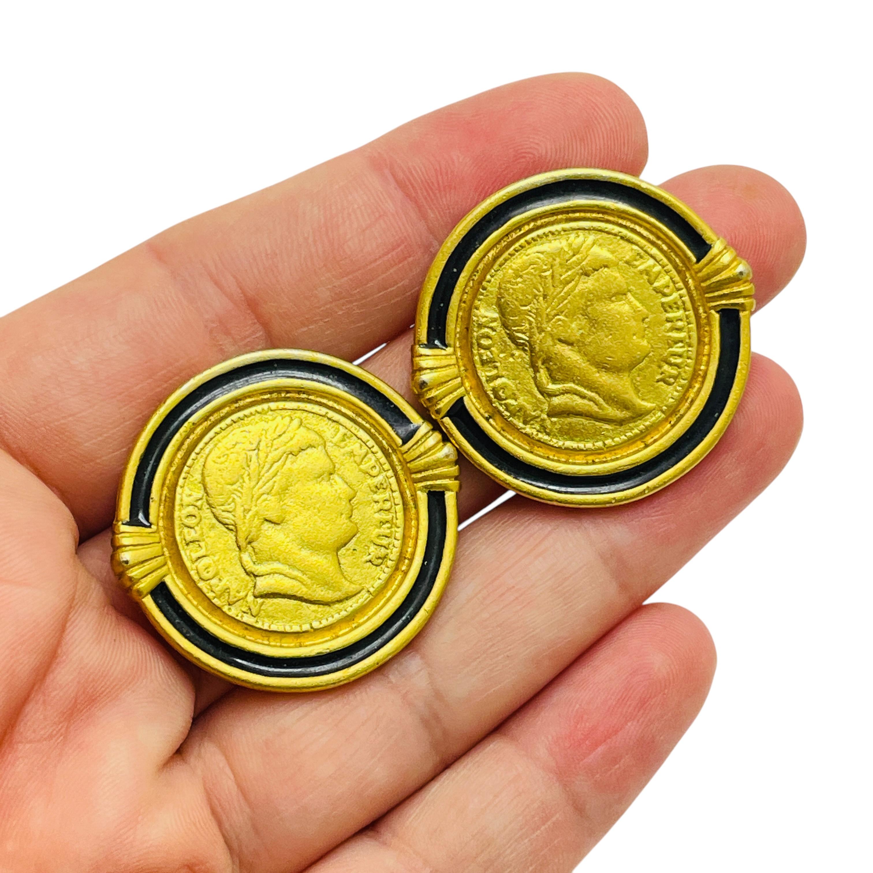 Women's Vintage gold tone enamel Napoleon Emperor coin designer earrings For Sale