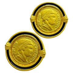 Vintage gold tone enamel Napoleon Emperor coin designer earrings