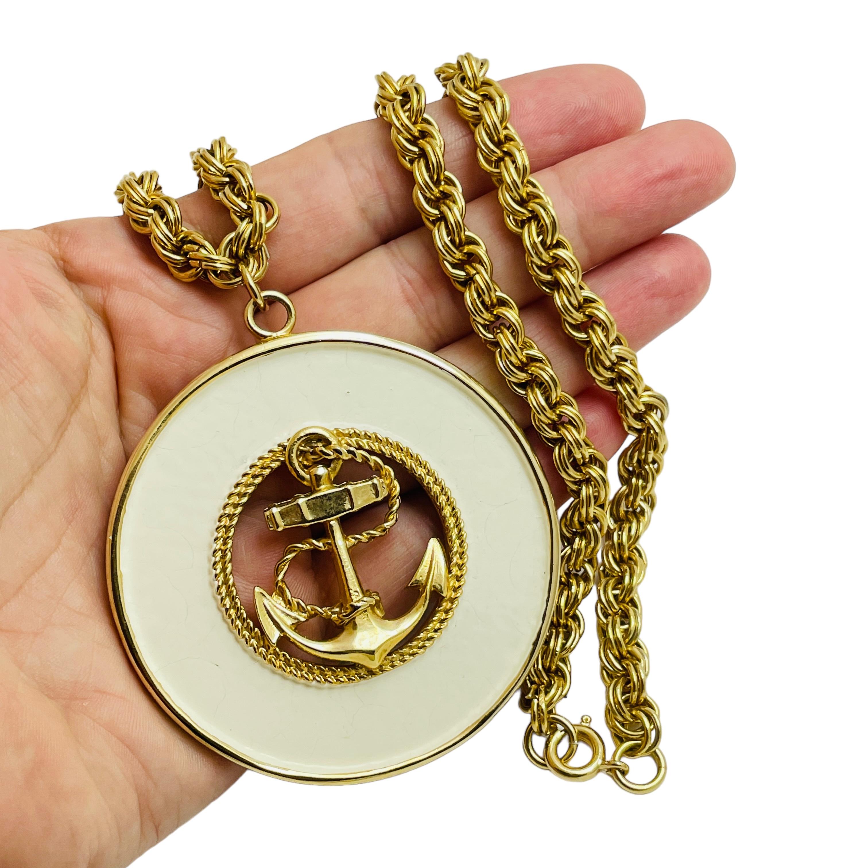 Women's Vintage gold tone enamel nautical anchor pendant designer necklace For Sale