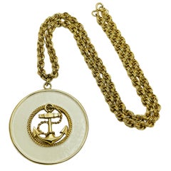 Vintage gold tone enamel nautical anchor pendant designer necklace