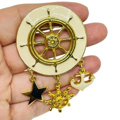 Vintage gold tone enamel nautical dangle designer brooch