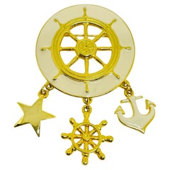 Vintage Gold Ton Emaille nautischen baumeln Designer Brosche