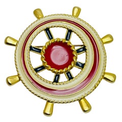 Vintage gold tone enamel nautical designer brooch