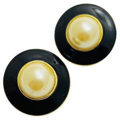 Vintage gold tone enamel pearl designer clip on earrings