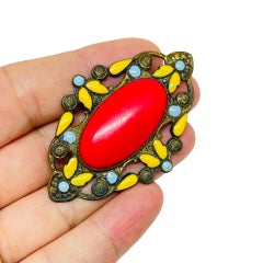 Vintage gold tone enamel red glass coral stone Czech brooch