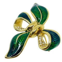 Vintage gold tone enamel rhinestone bow designer brooch