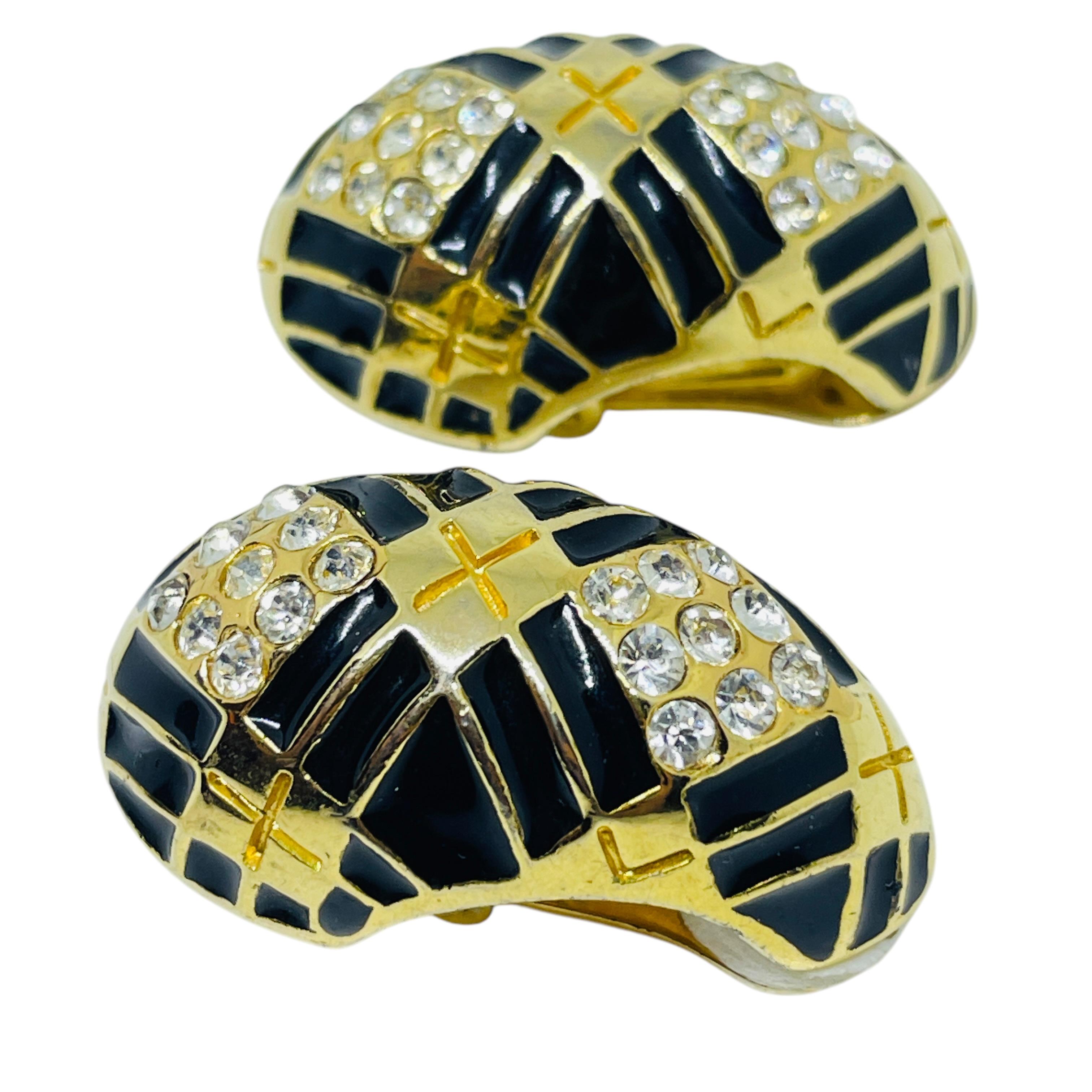 Vintage Gold Ton Emaille Strass Designer Clip auf Ohrringe im Zustand „Gut“ im Angebot in Palos Hills, IL