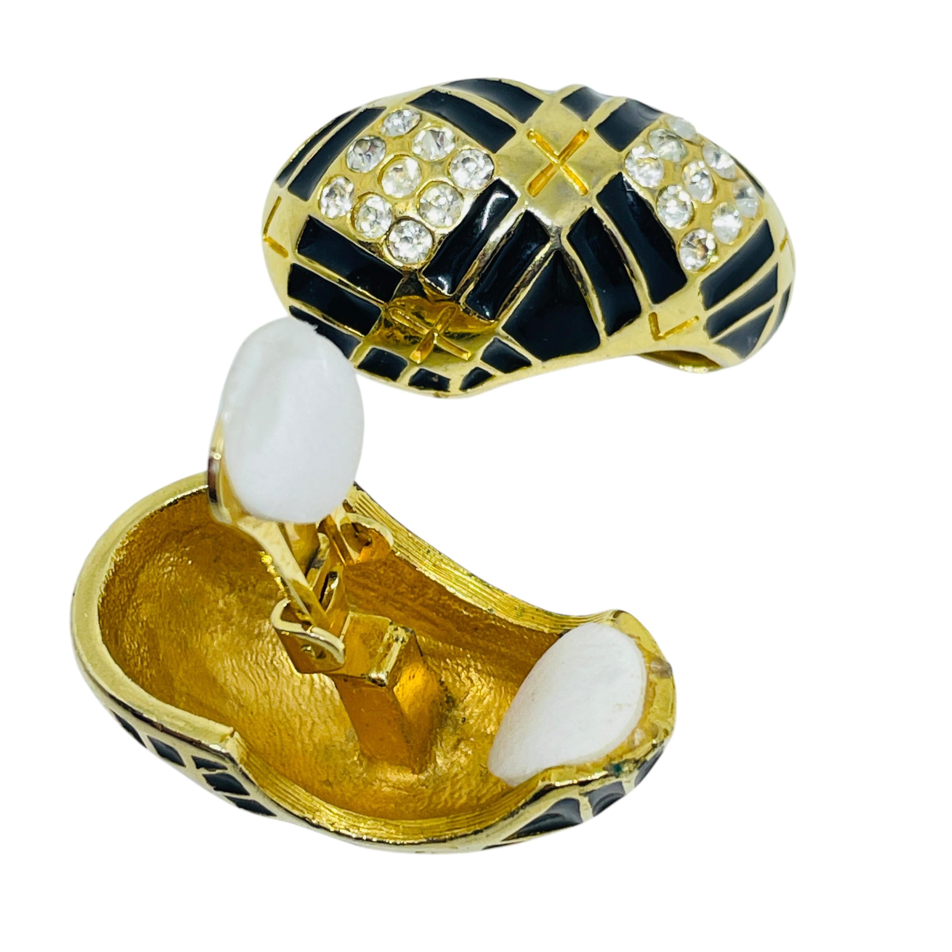 Vintage Gold Ton Emaille Strass Designer Clip auf Ohrringe Damen im Angebot