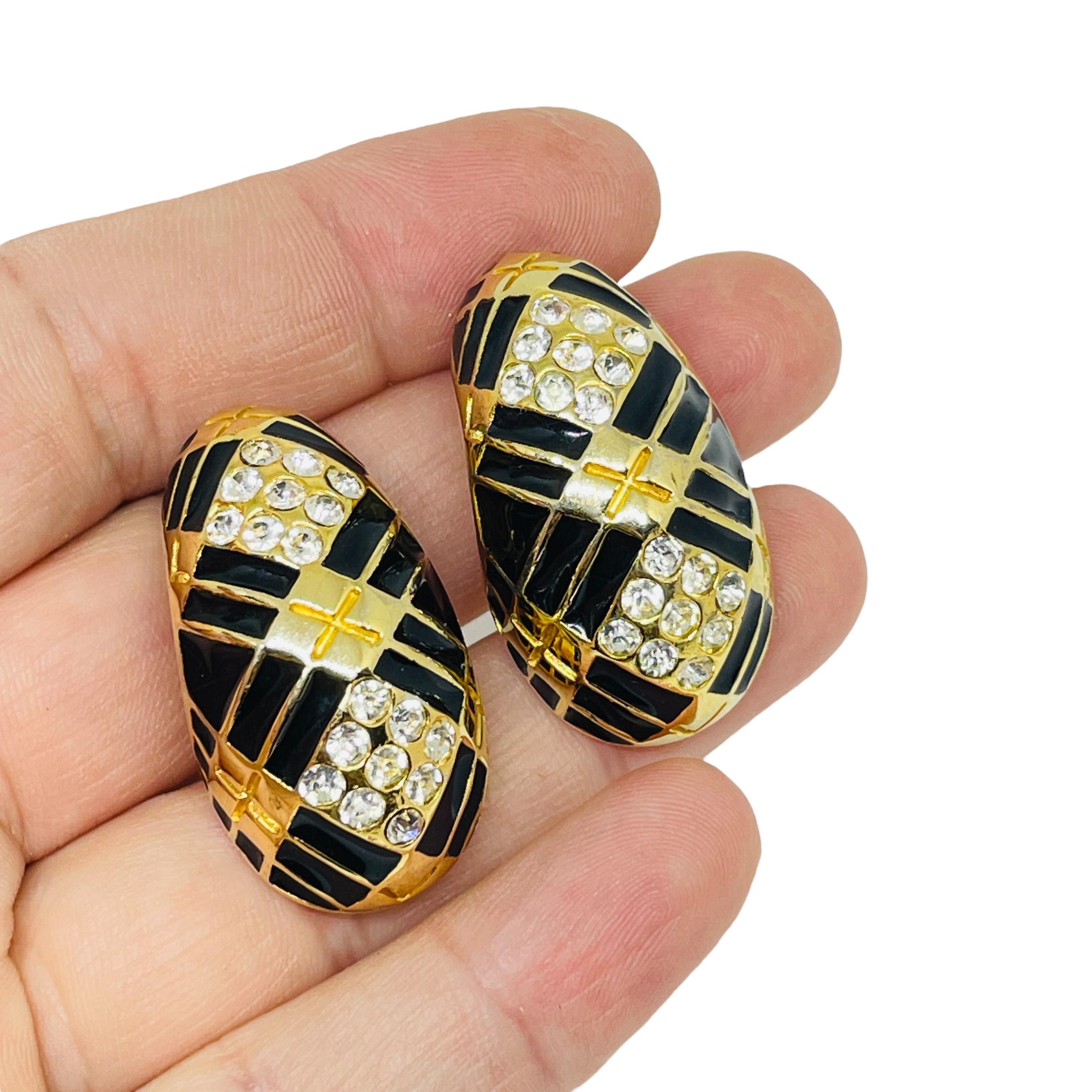 Vintage Gold Ton Emaille Strass Designer Clip auf Ohrringe im Angebot 1