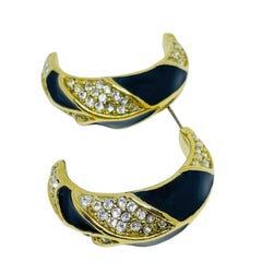 Vintage gold tone enamel rhinestone designer earrings