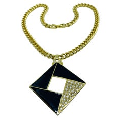 Vintage gold tone enamel rhinestone geometric designer chain necklace
