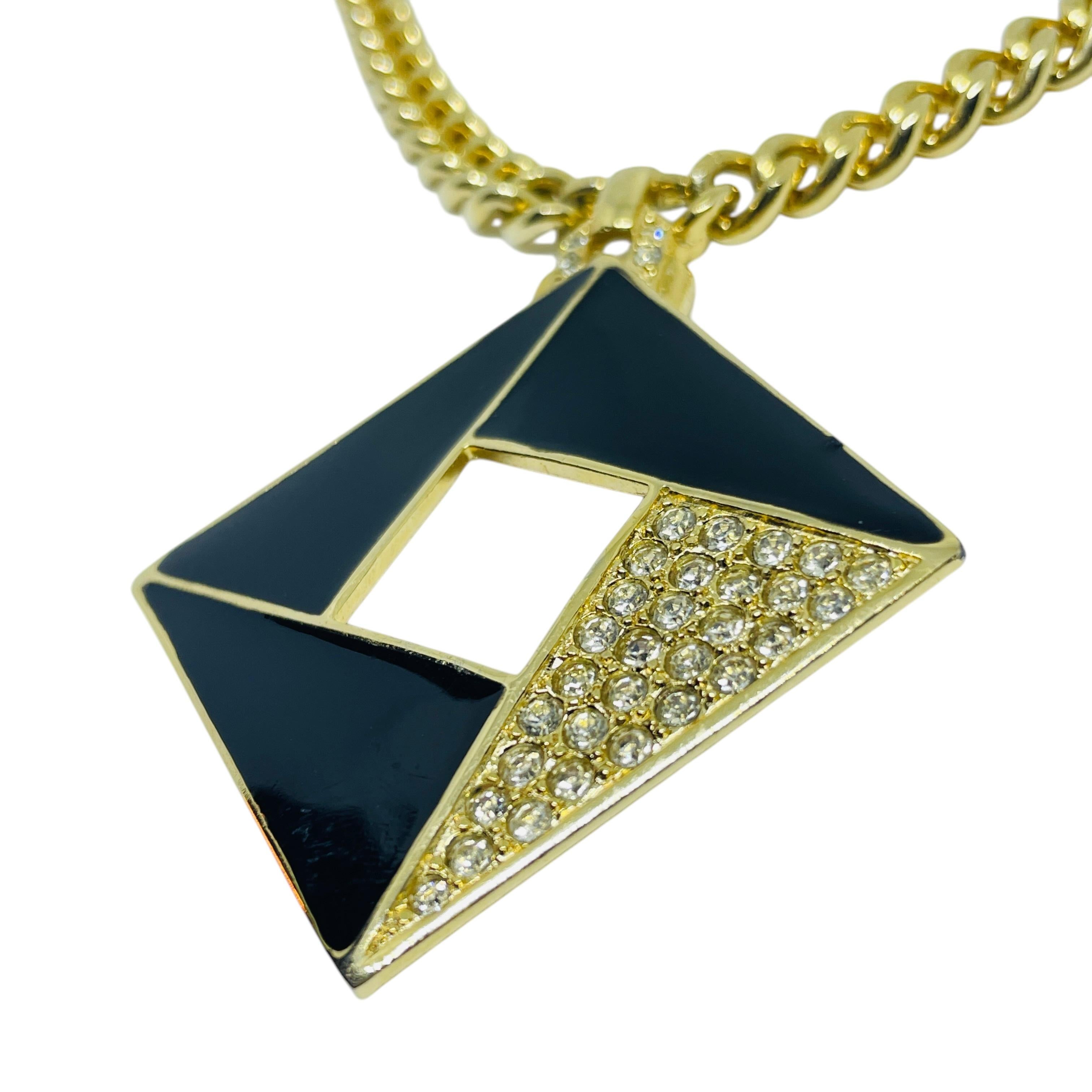 Collier de chaîne géométrique vintage en émail doré et strass. Bon état - En vente à Palos Hills, IL