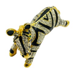 Vintage gold tone enamel rhinestone green eyes zebra designer brooch