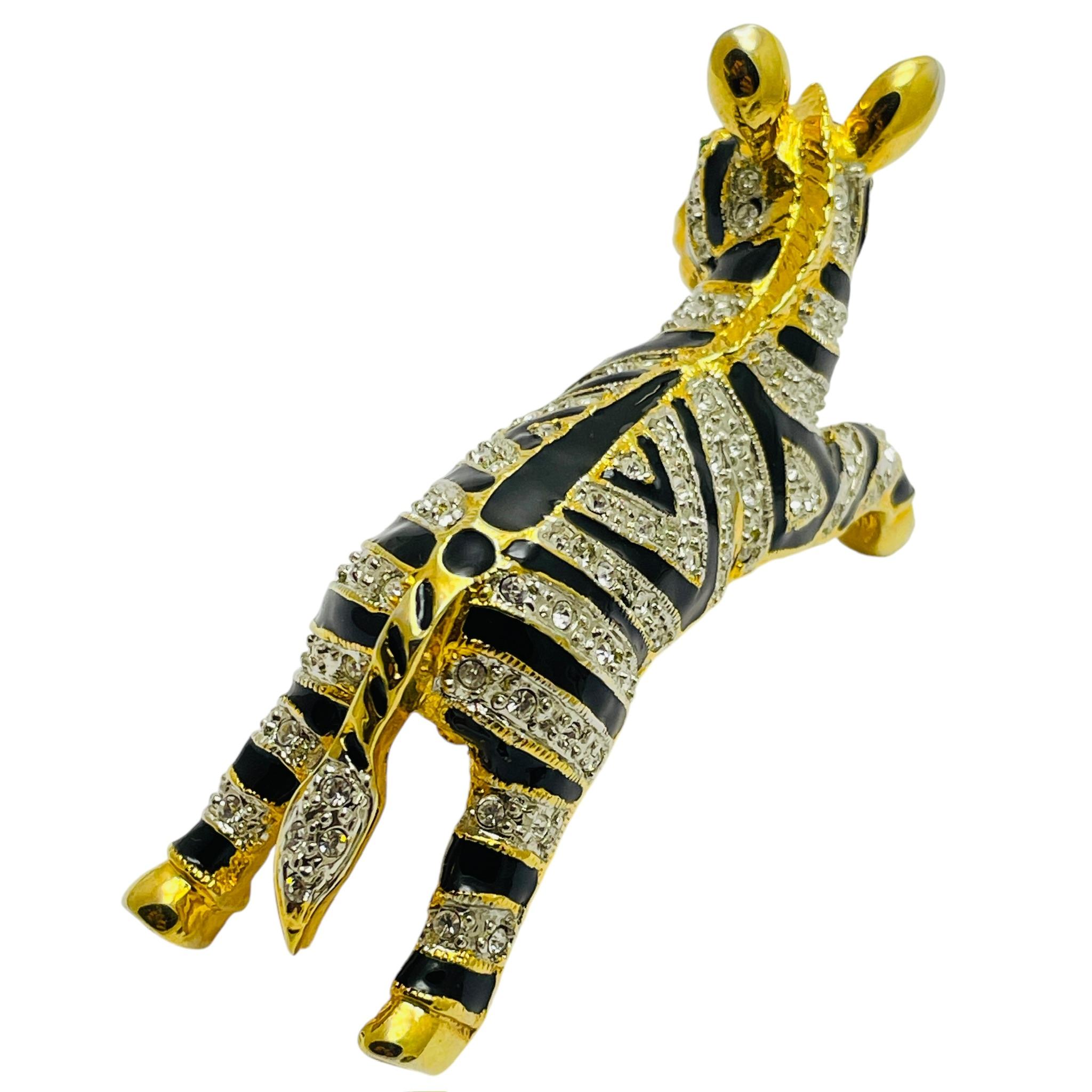 Women's Vintage gold tone enamel rhinestone green eyes zebra designer brooch For Sale
