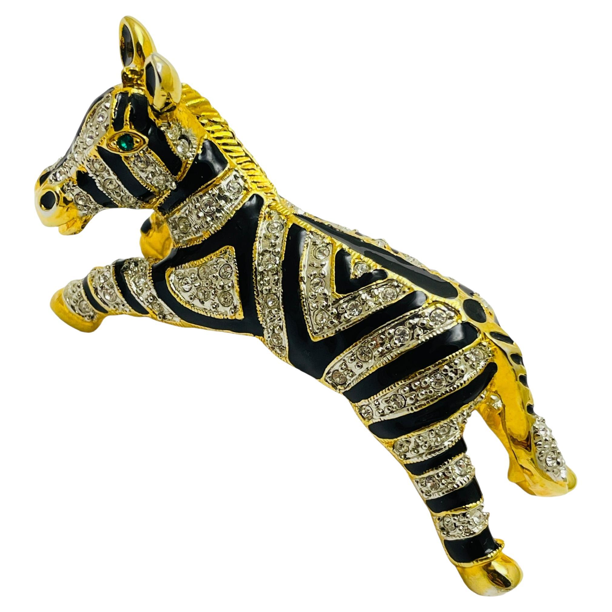 Vintage gold tone enamel rhinestone green eyes zebra designer brooch For Sale