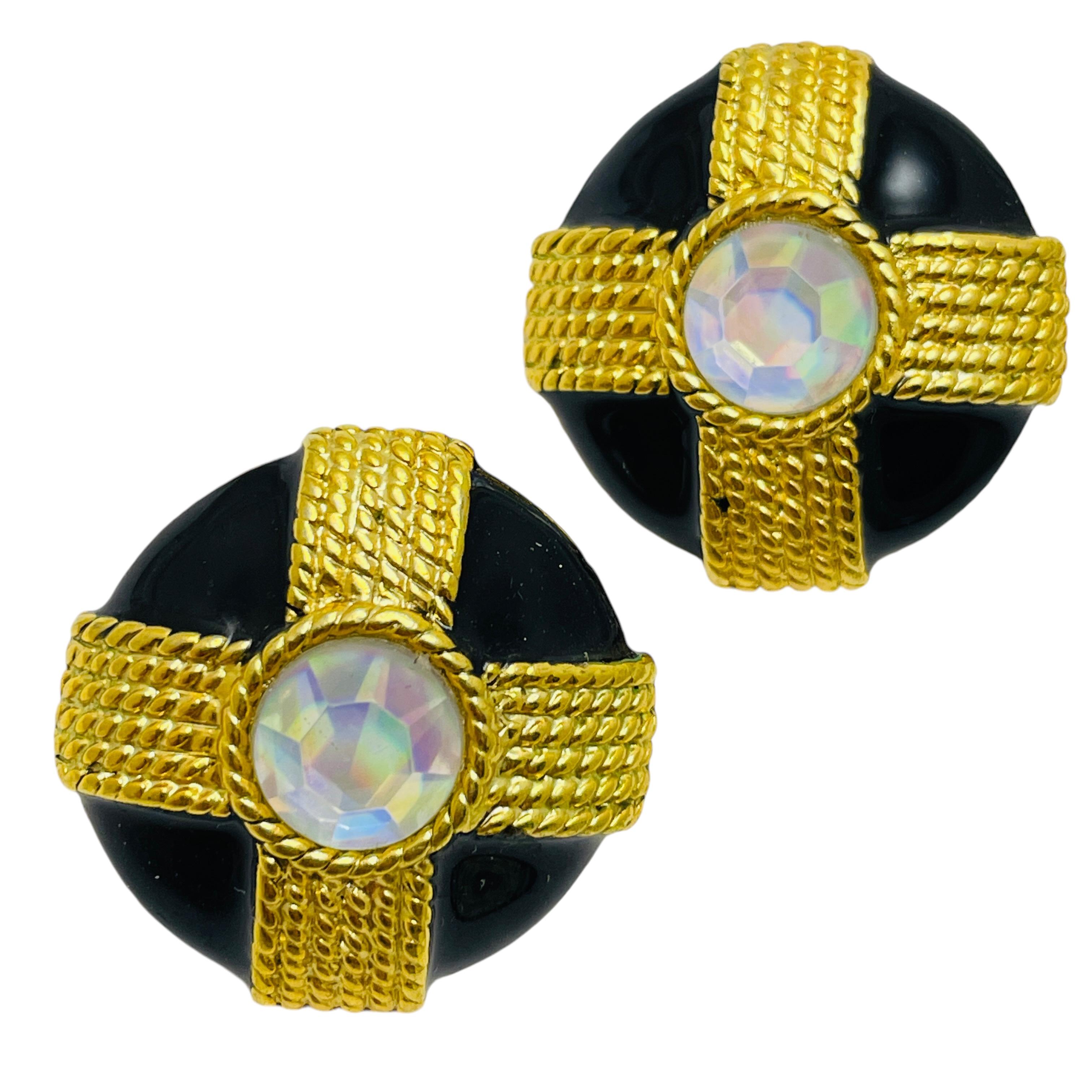 Women's Vintage gold tone enamel rhinestone maltese cross designer earrings For Sale