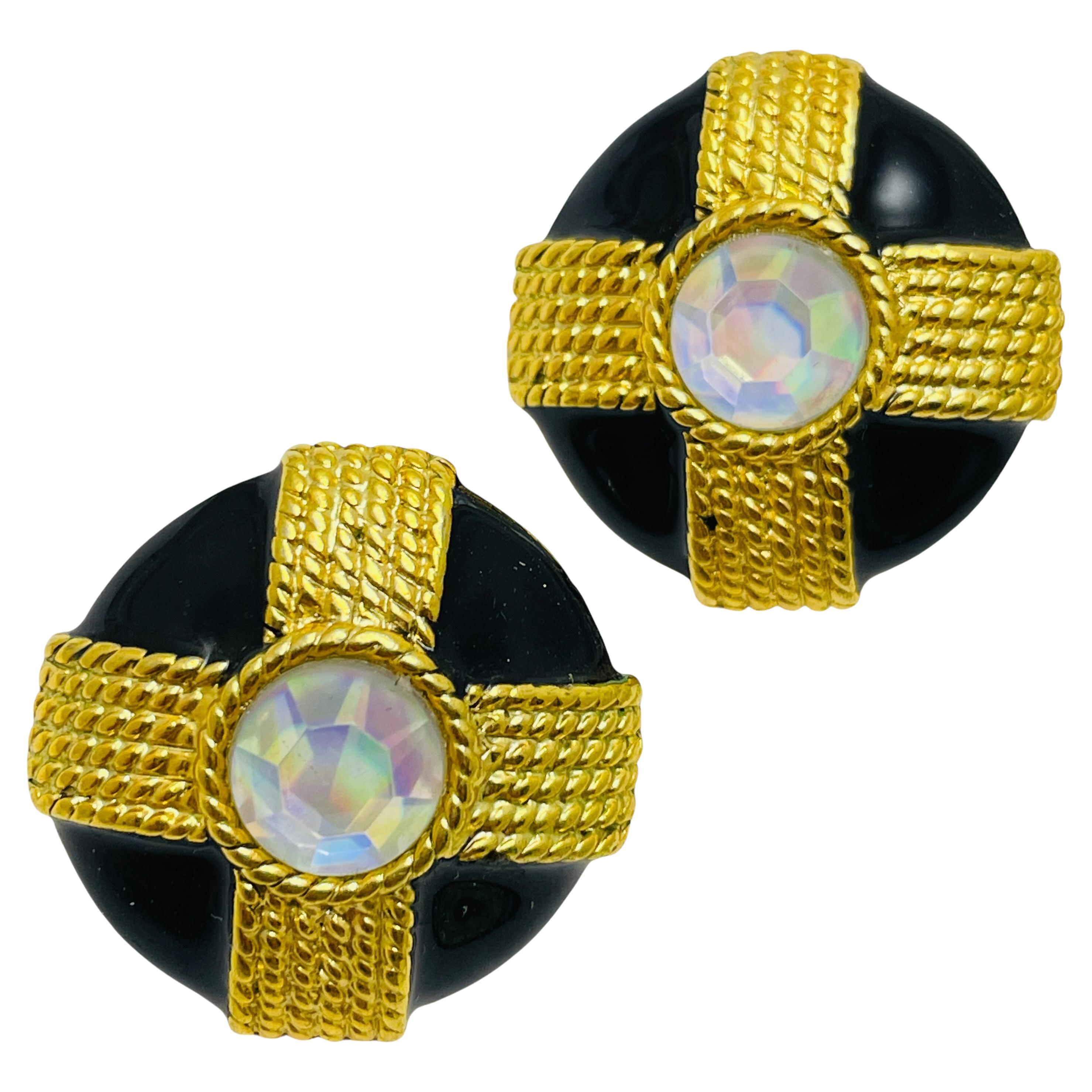 Vintage gold tone enamel rhinestone maltese cross designer earrings