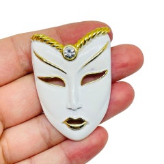 Vintage gold tone enamel rhinestone mask designer brooch