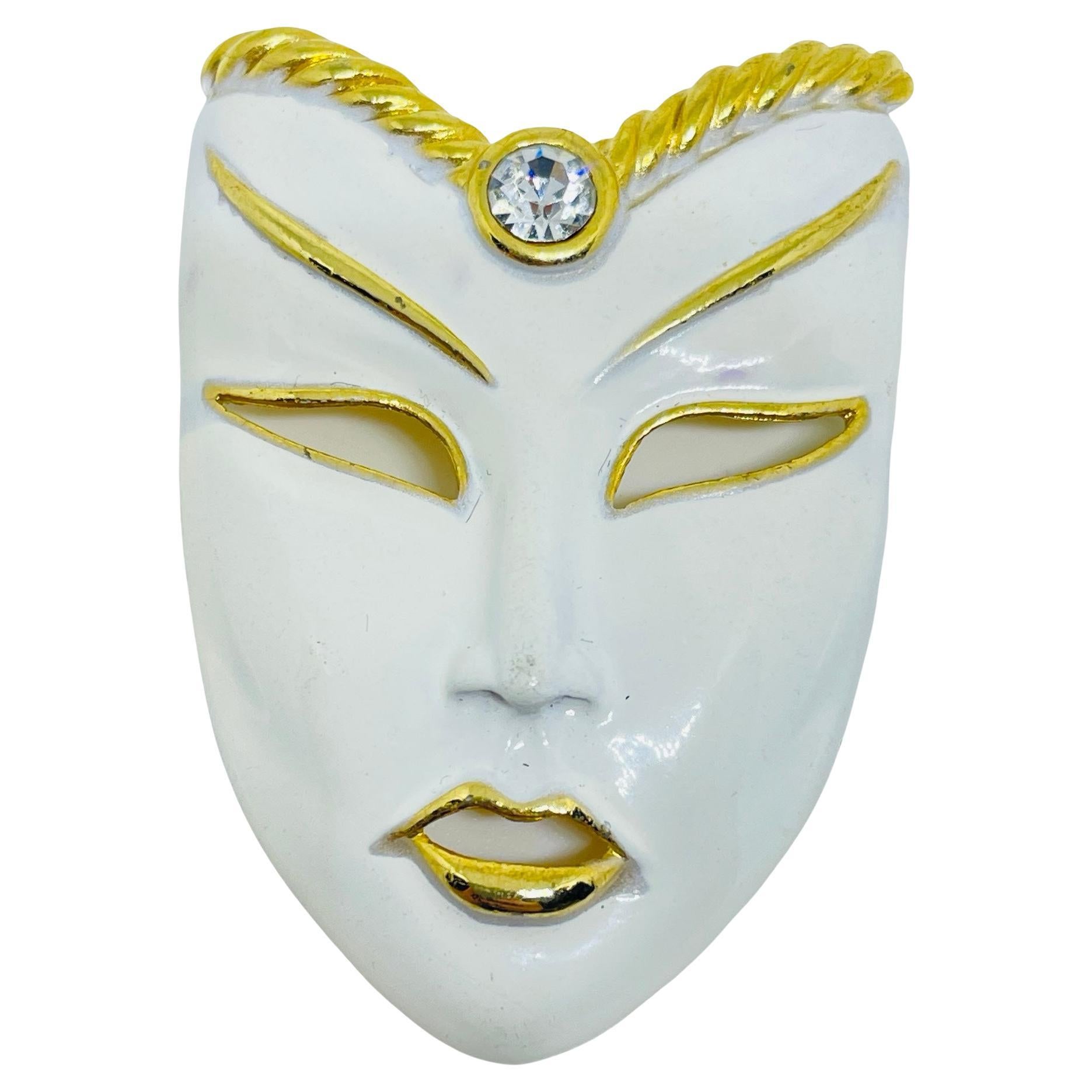 Vintage gold tone enamel rhinestone mask designer brooch