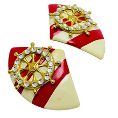Vintage gold tone enamel rhinestone nautical designer earrings
