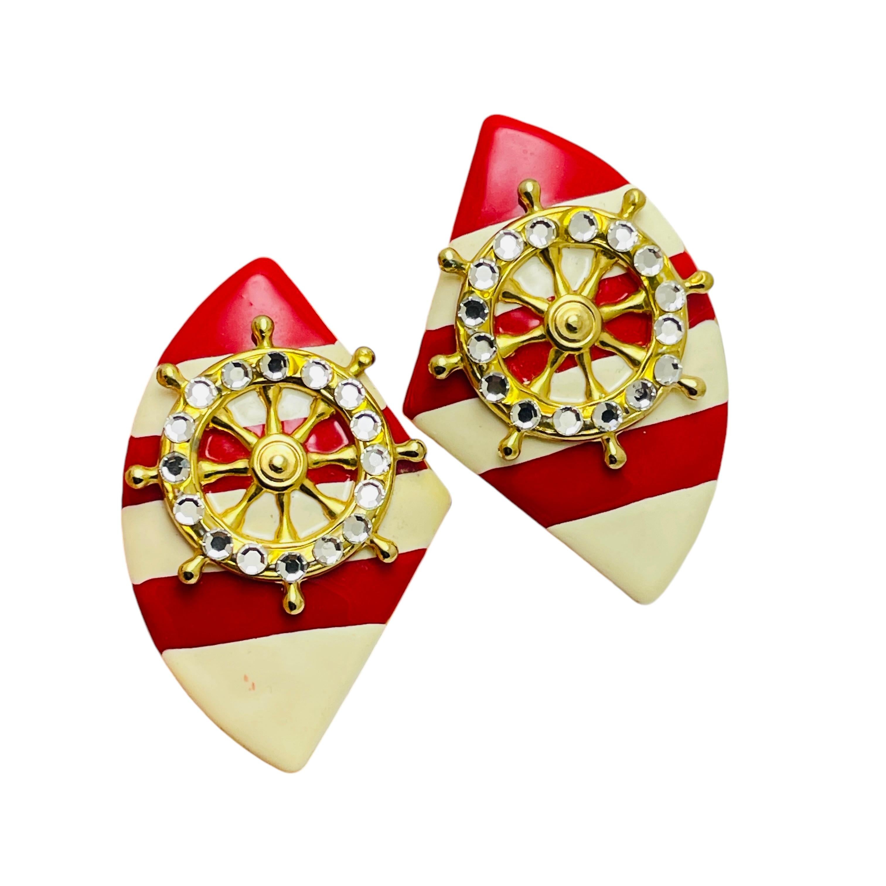 De las mujeres Pendientes vintage de diseño náutico con esmalte dorado y strass en venta