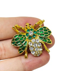 Vintage gold tone enamel rhinestones bee insect figural designer brooch