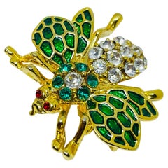 Vintage gold tone enamel rhinestones bee insect figural designer brooch