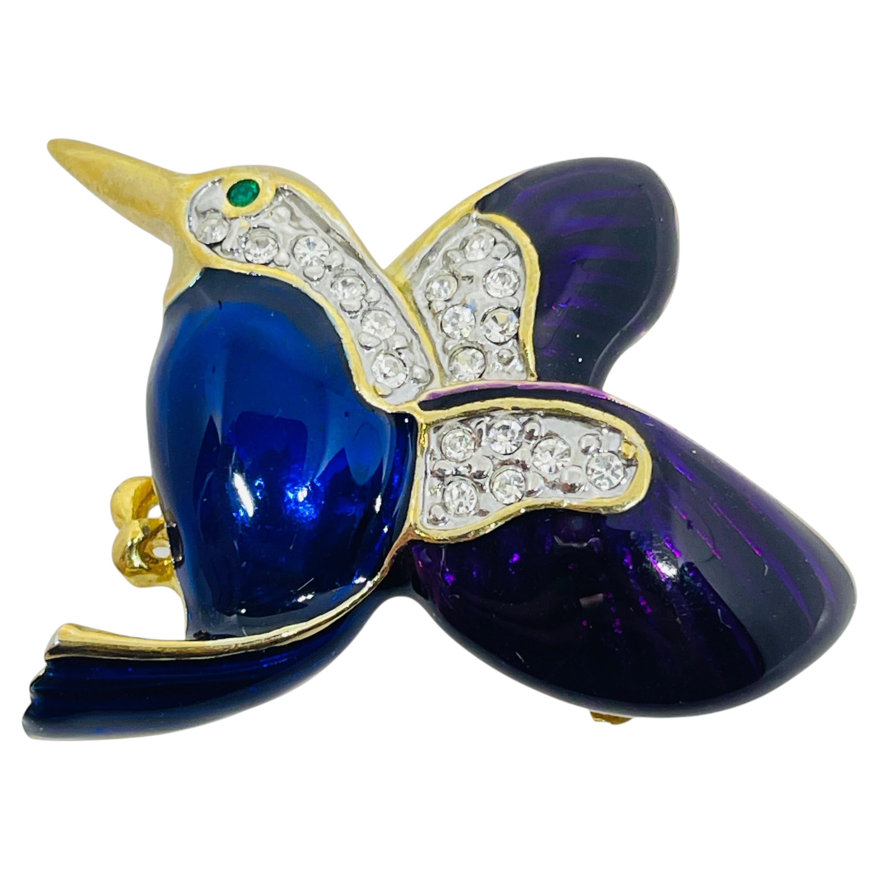 Vintage gold tone enamel rhinestones bird animal figural designer brooch