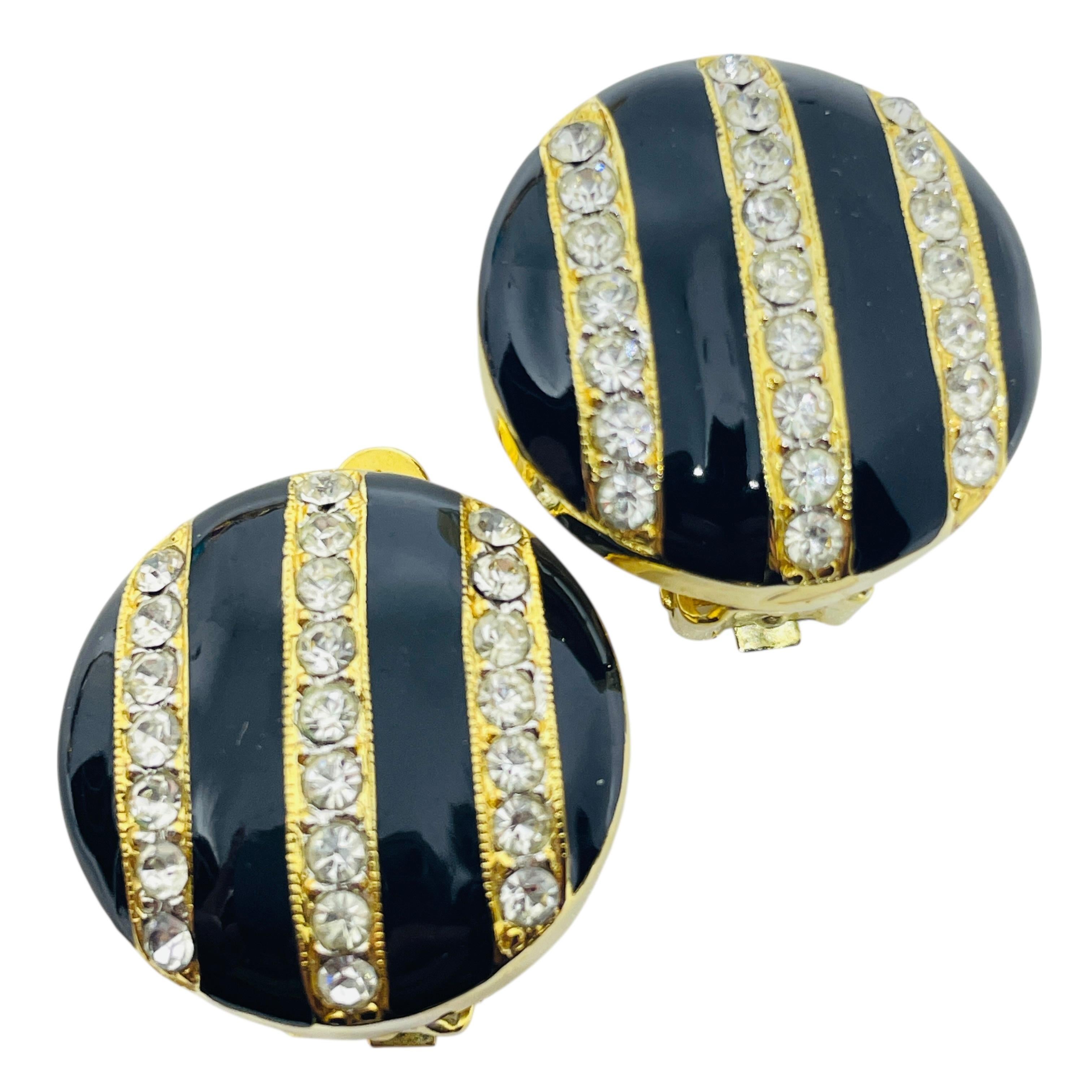 Vintage Gold Ton Emaille Strass Designer 80er Jahre Clip auf Ohrringe im Angebot 1