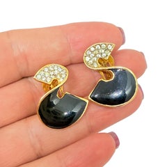 Vintage gold tone enamel rhinestones designer clip on earrings