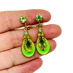 Vintage gold tone enamel rhinestones designer clip on earrings
