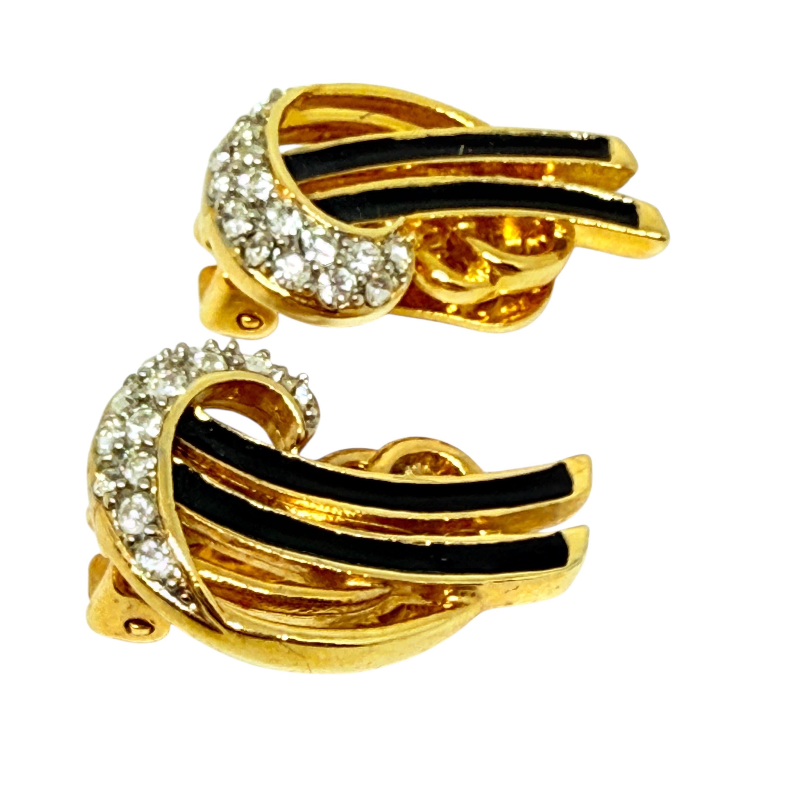 Women's or Men's Vintage gold tone enamel rhinestones designer clip on earrings For Sale