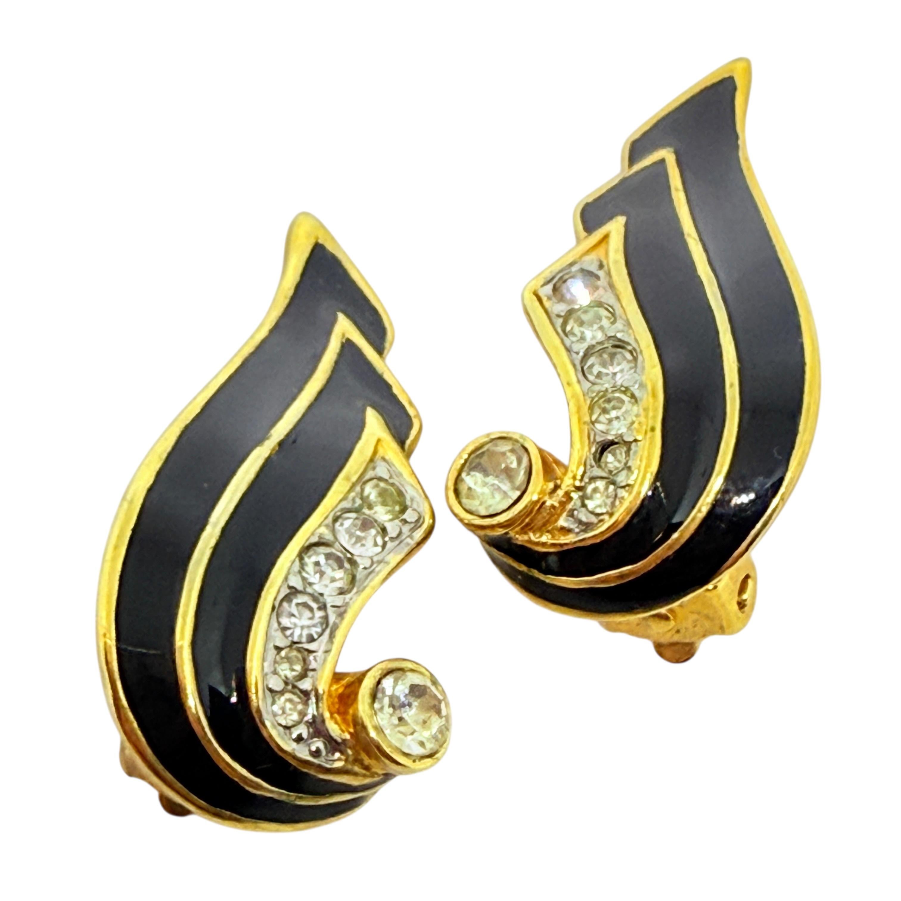 Vintage Gold Ton Emaille Strass Designer Clip auf Ohrringe im Angebot 1