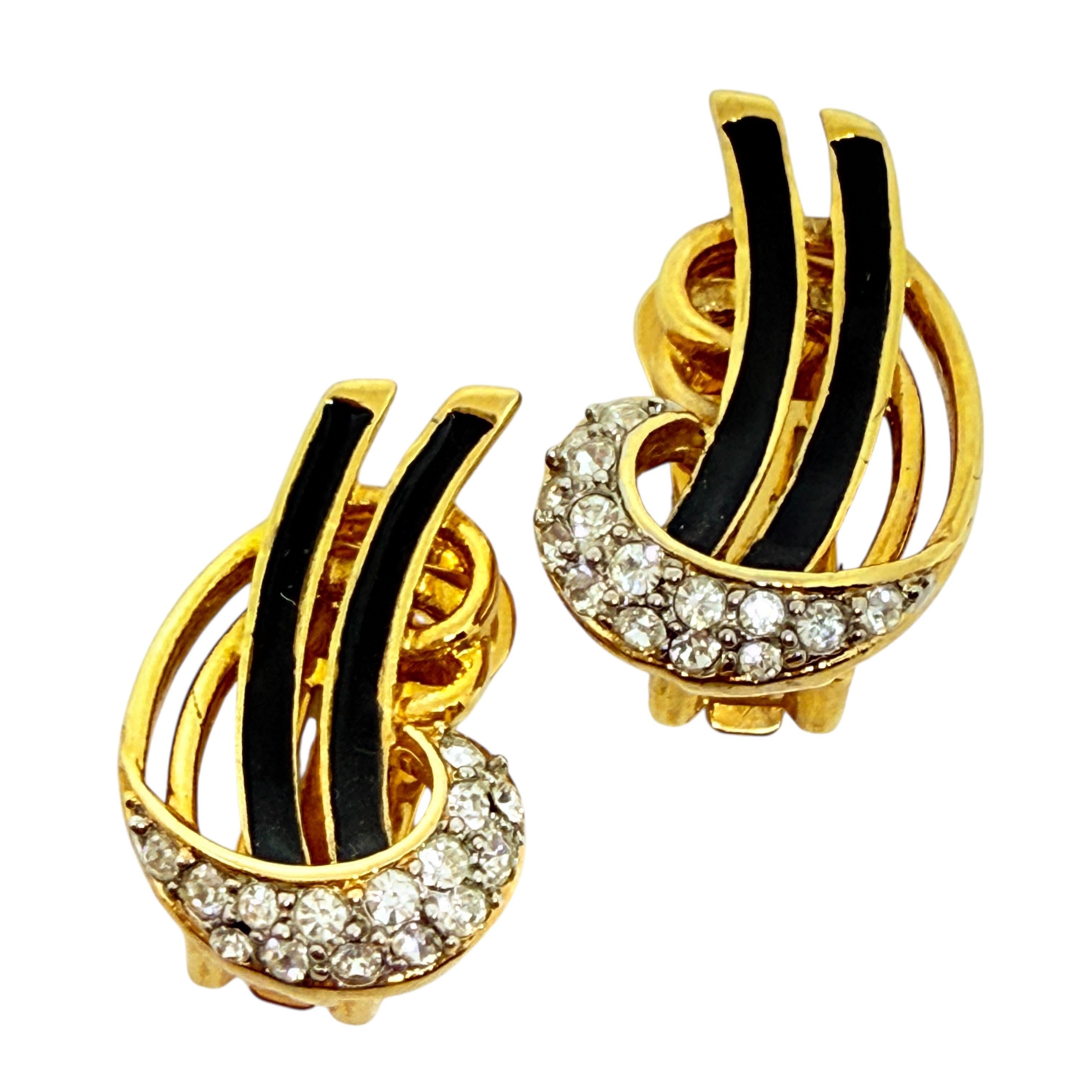 Vintage gold tone enamel rhinestones designer clip on earrings For Sale 1