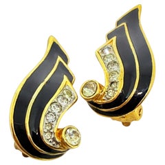 Vintage gold tone enamel rhinestones designer clip on earrings