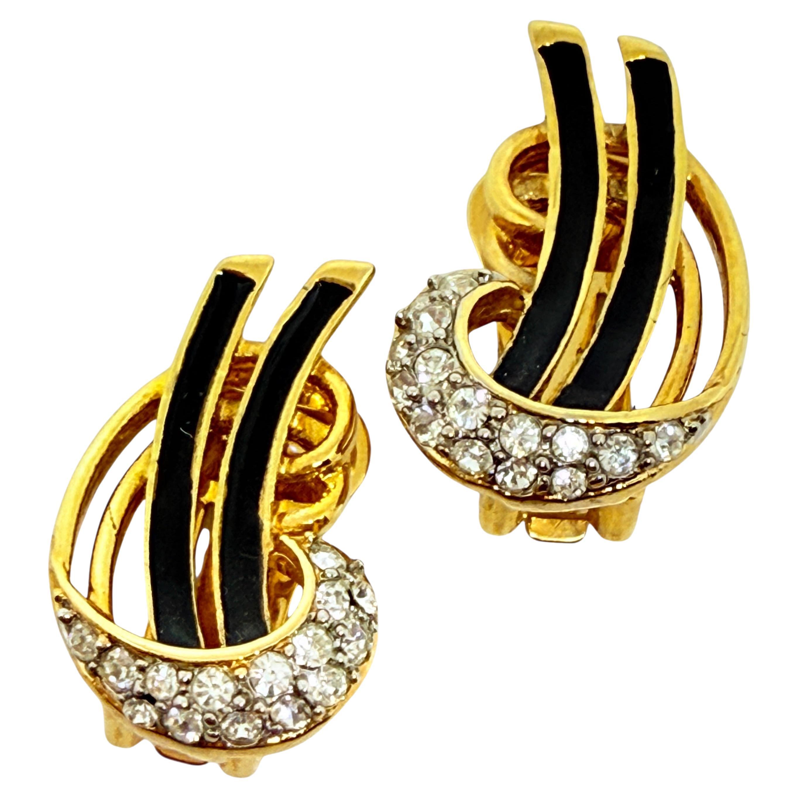 Vintage gold tone enamel rhinestones designer clip on earrings
