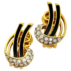 Vintage gold tone enamel rhinestones designer clip on earrings