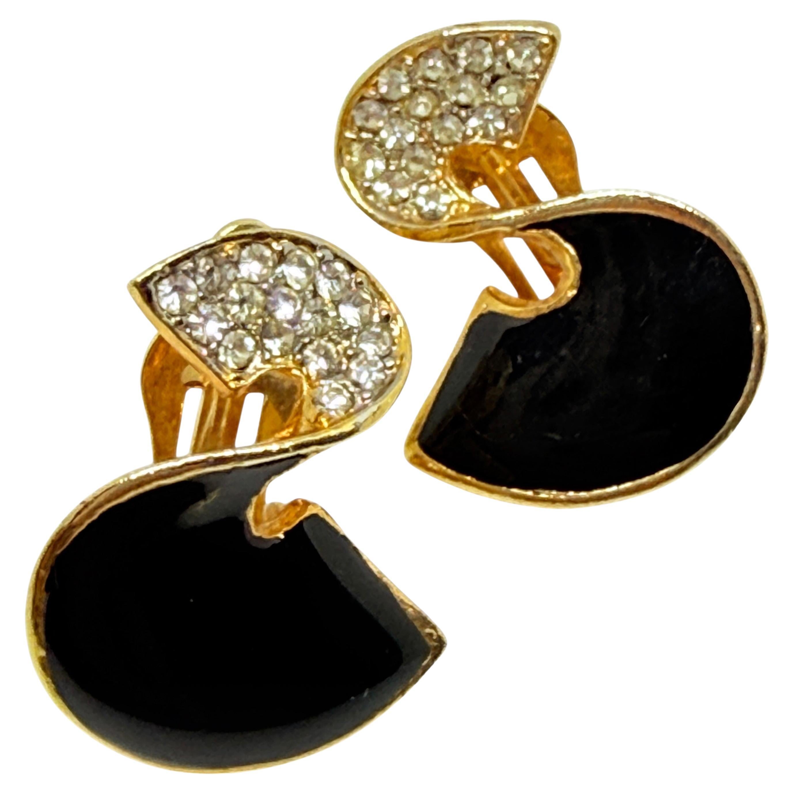 Vintage gold tone enamel rhinestones designer clip on earrings