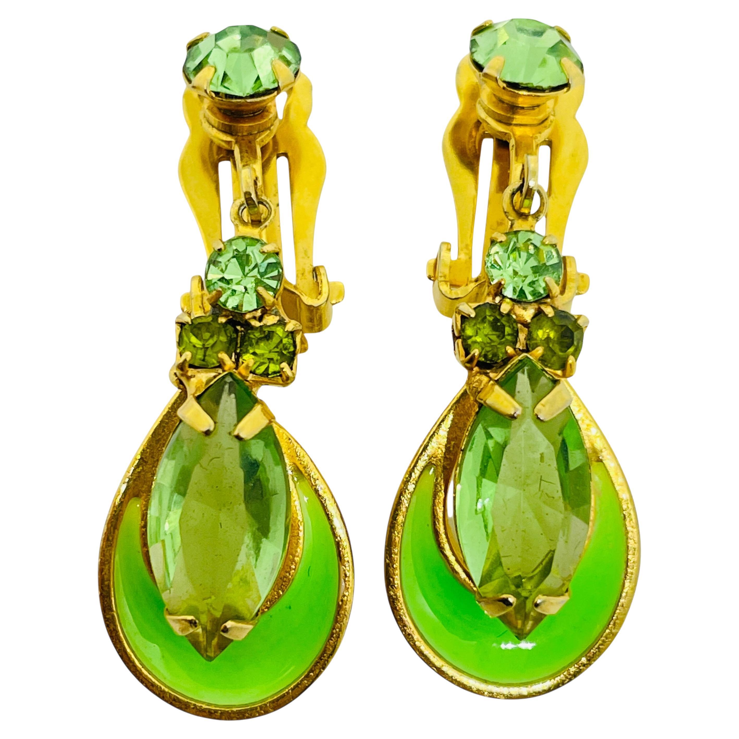 Vintage gold tone enamel rhinestones designer clip on earrings